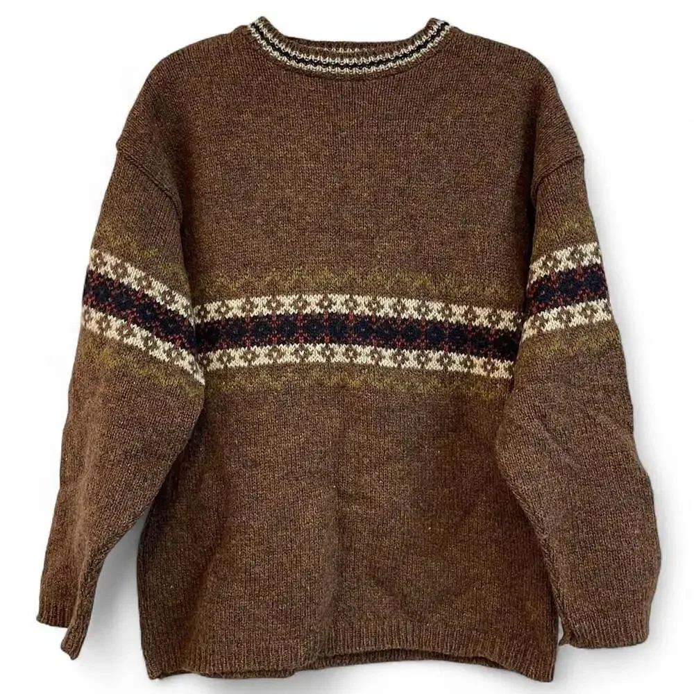 Landscape Vintage 100% Wool Fair Isle Nordic Sweater Brown Large